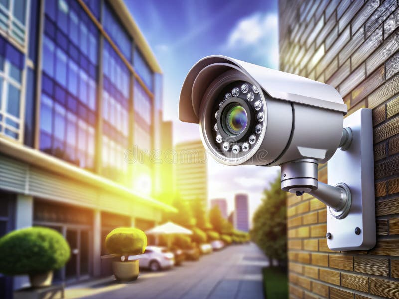 Security camera mounted on a brick wall overlooking a modern urban street with tall buildings, trees, and parked cars in the background.