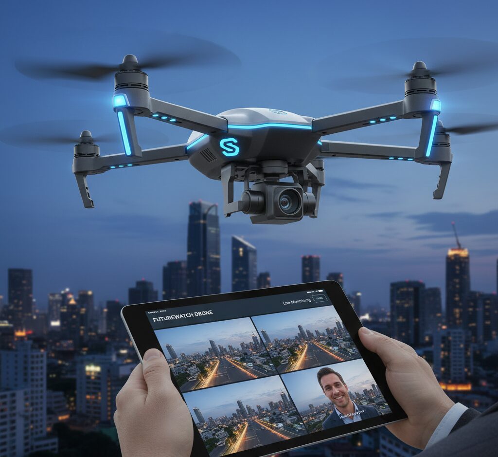 A drone flying over a cityscape at dusk, with a person holding a tablet displaying live drone footage and city views on the screen.