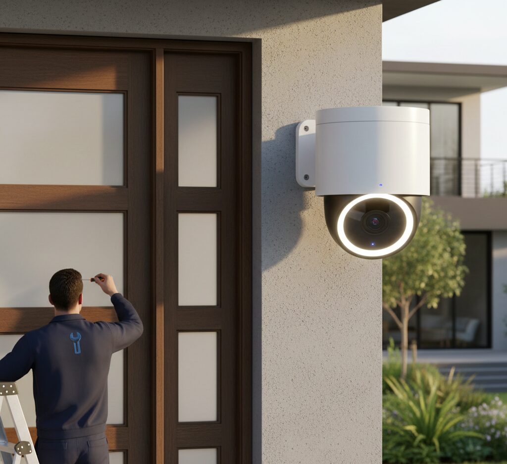 A person on a ladder repairs a wooden door near a mounted security camera on a building exterior, with a modern house and garden in the background.