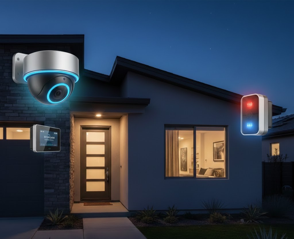 Modern house exterior at dusk with security cameras, alarm system, and illuminated interior visible through a window.