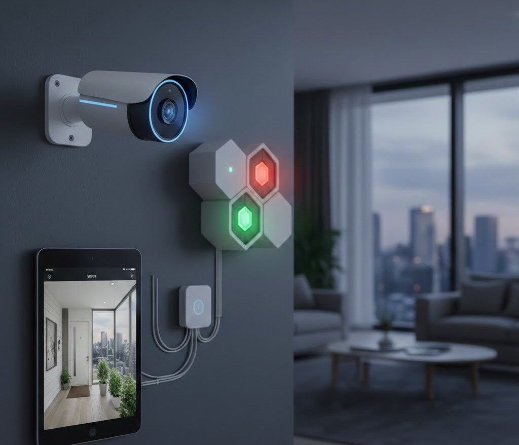 Person holding a tablet displaying security camera feeds of hallways and stairs. Surrounding table has surveillance equipment and a floor plan.