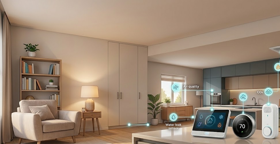 A person uses a fingerprint scanner and keypad on a security device mounted on a glass door, in a well-lit office environment.