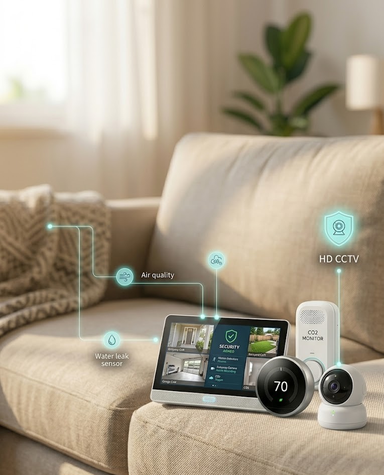 Security camera mounted on a brick wall overlooking a modern urban street with tall buildings, trees, and parked cars in the background.