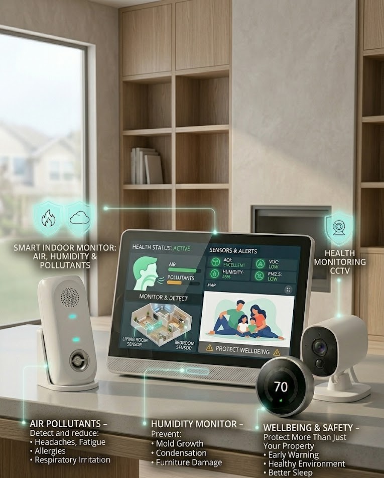 Wall-mounted smoke detector with a red indicator light in a modern, blurred interior setting.