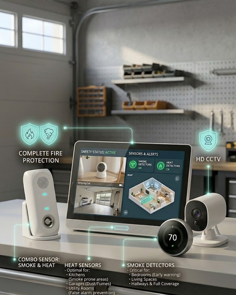 Wall-mounted smoke detector with a red indicator light in a modern, blurred interior setting.