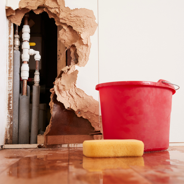 A damaged wall with exposed pipes is adjacent to a red bucket and a sponge on a wet wooden floor, suggesting a plumbing issue or leak.