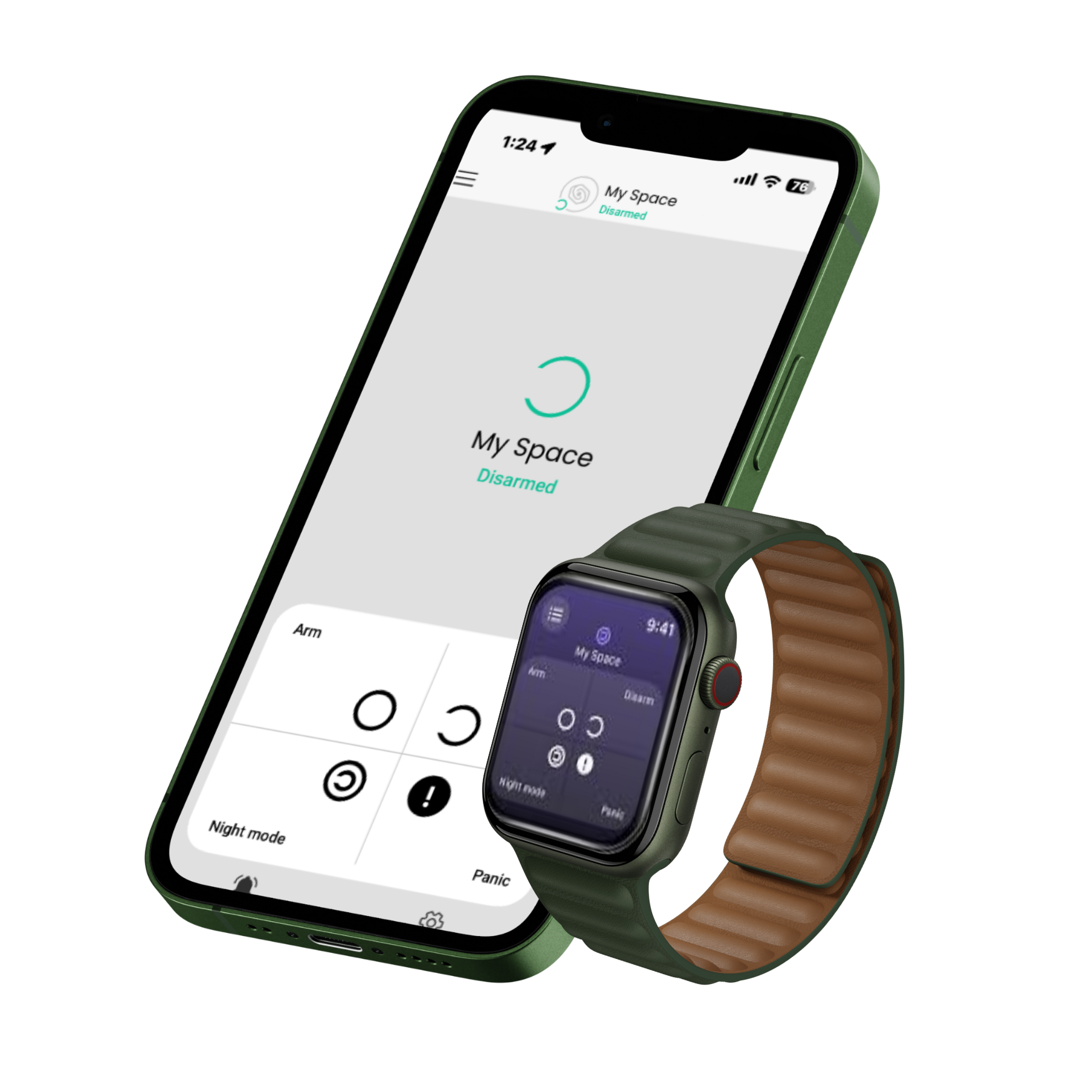 home page image Smartphone and smartwatch displaying a home security app with options to arm, disarm, and activate night mode. Both devices show "My Space Disarmed.